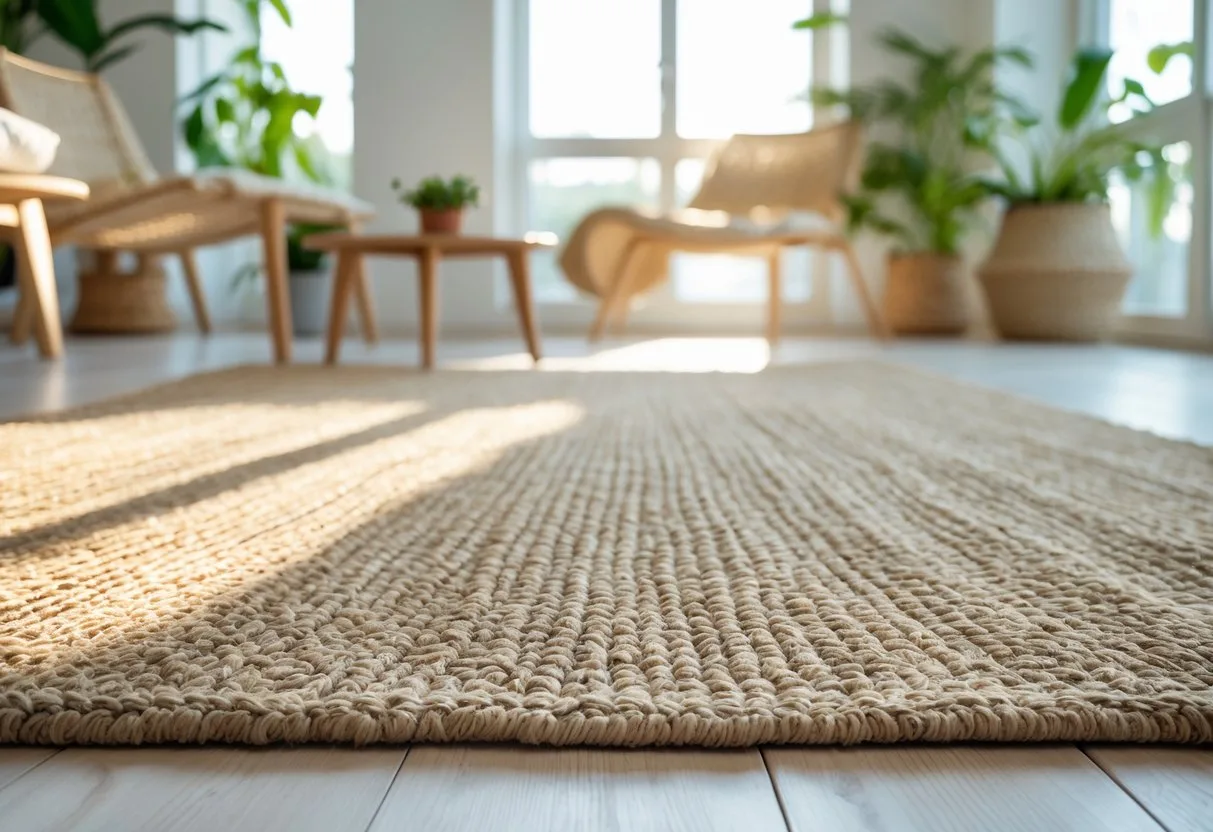 Un tapis en jute naturel posé dans un salon lumineux avec des meubles en bois et des plantes vertes.