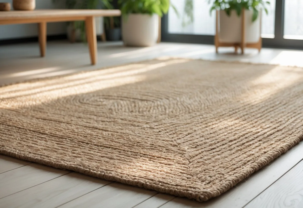 Un tapis en jute naturel posé sur un sol en bois clair dans un salon lumineux avec des plantes vertes et des meubles en bois.