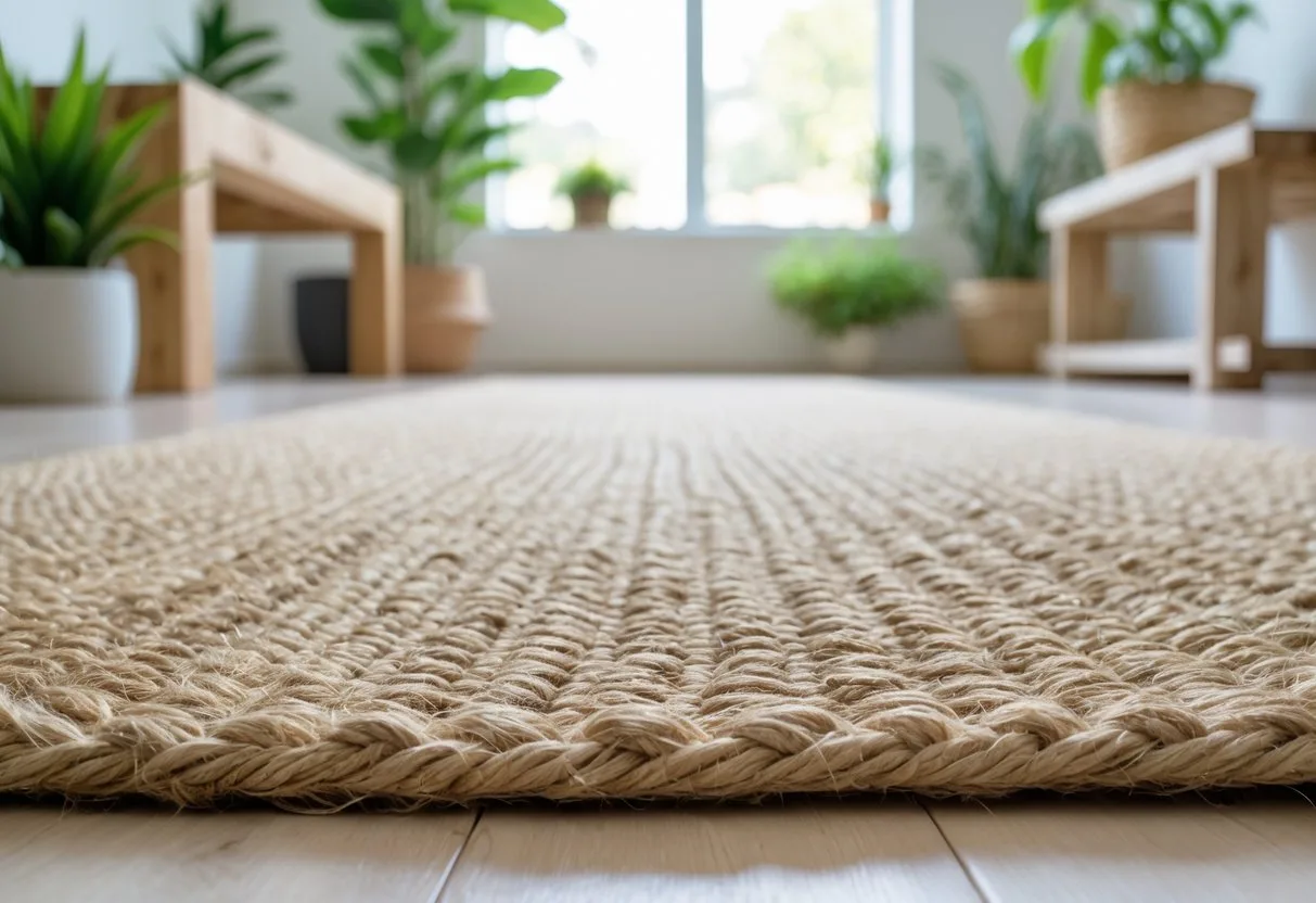 Un tapis en jute naturel posé sur un sol en bois clair dans un salon lumineux avec des plantes vertes et des meubles en bois recyclé.