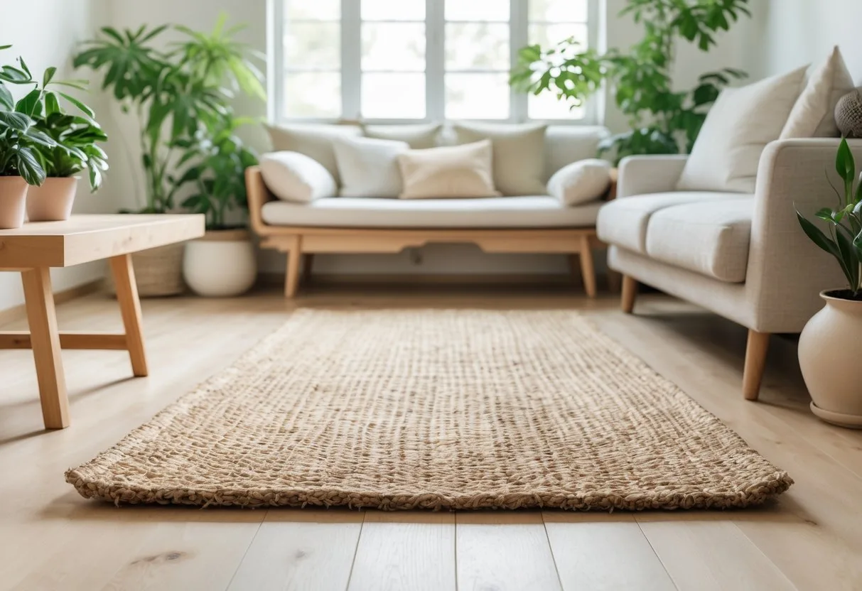 Un salon lumineux avec un tapis en jute naturel posé sur un sol en bois, entouré de plantes vertes et de meubles en bois clair.