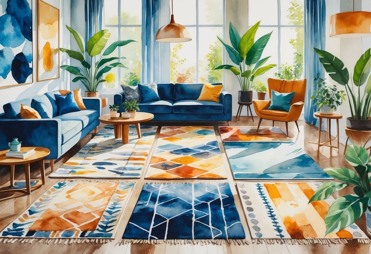 Intérieur moderne avec plusieurs tapis aux motifs variés disposés dans un salon lumineux et accueillant.