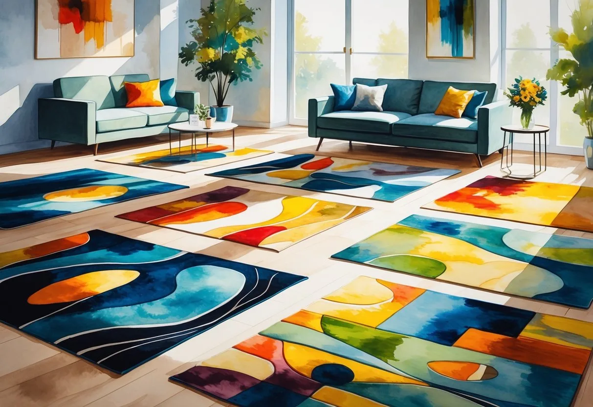 Un salon avec sept tapis aux motifs abstraits colorés disposés sur un sol en bois, entourés de meubles modernes et une fenêtre laissant entrer la lumière naturelle.