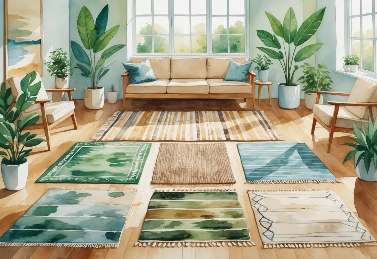 Une pièce de vie accueillante avec sept tapis écologiques aux couleurs naturelles disposés sur un sol en bois, entourés de plantes vertes et de meubles en bois minimalistes.
