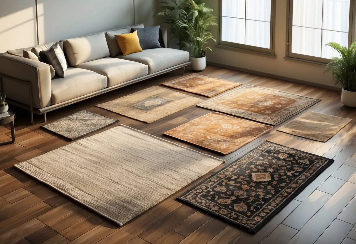 Salon moderne avec plusieurs tapis superposés sur un sol en bois, entouré de meubles et de plantes, éclairé par la lumière naturelle.