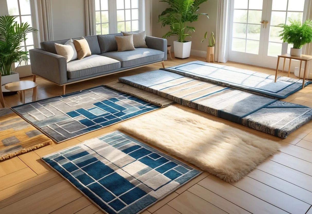 Une pièce de vie lumineuse avec plusieurs tapis de différentes tailles et motifs disposés harmonieusement sur le sol en bois, entourée de meubles confortables et de plantes.