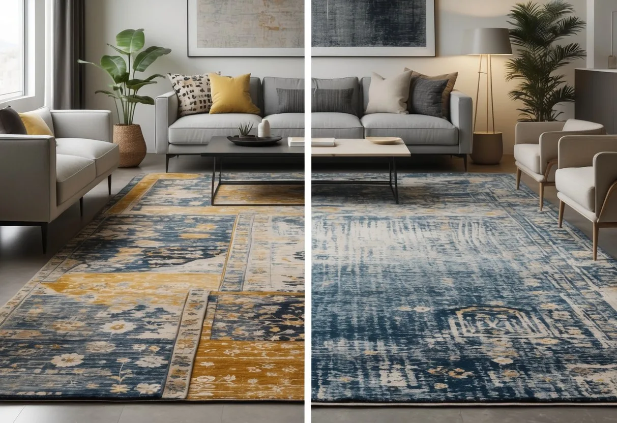 Une pièce de vie divisée en deux, montrant d’un côté des tapis mal assortis et de l’autre des tapis bien agencés dans un salon moderne.