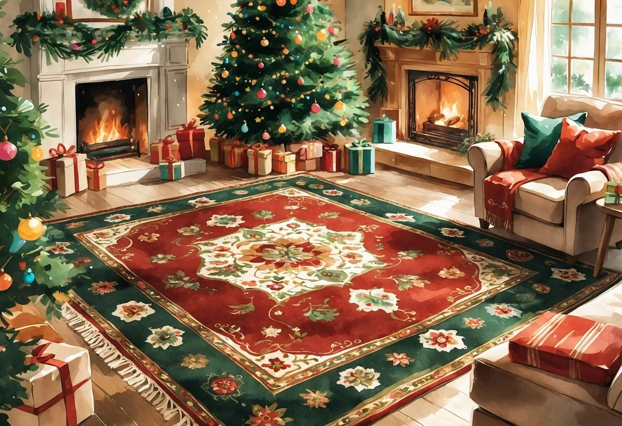 Un salon décoré pour Noël avec un sapin illuminé, un tapis coloré au centre, des cadeaux autour et une cheminée allumée.