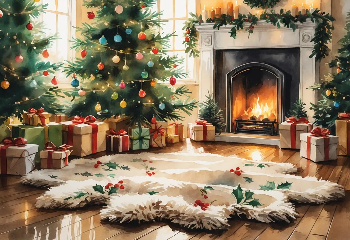 Un salon décoré pour Noël avec un sapin illuminé, un tapis de Noël coloré au sol, des cadeaux et des décorations festives autour.