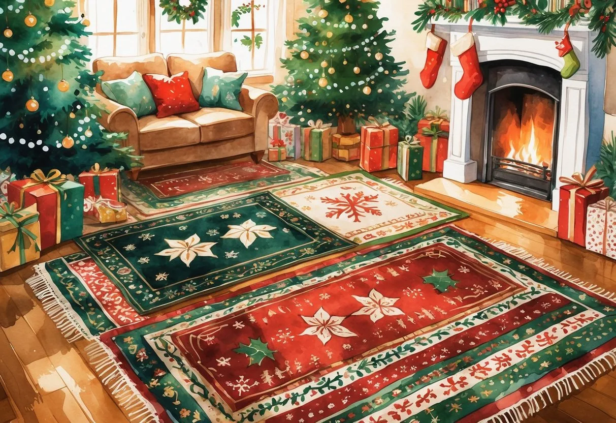 Un salon décoré pour Noël avec un sapin illuminé, plusieurs tapis colorés et des décorations festives autour.