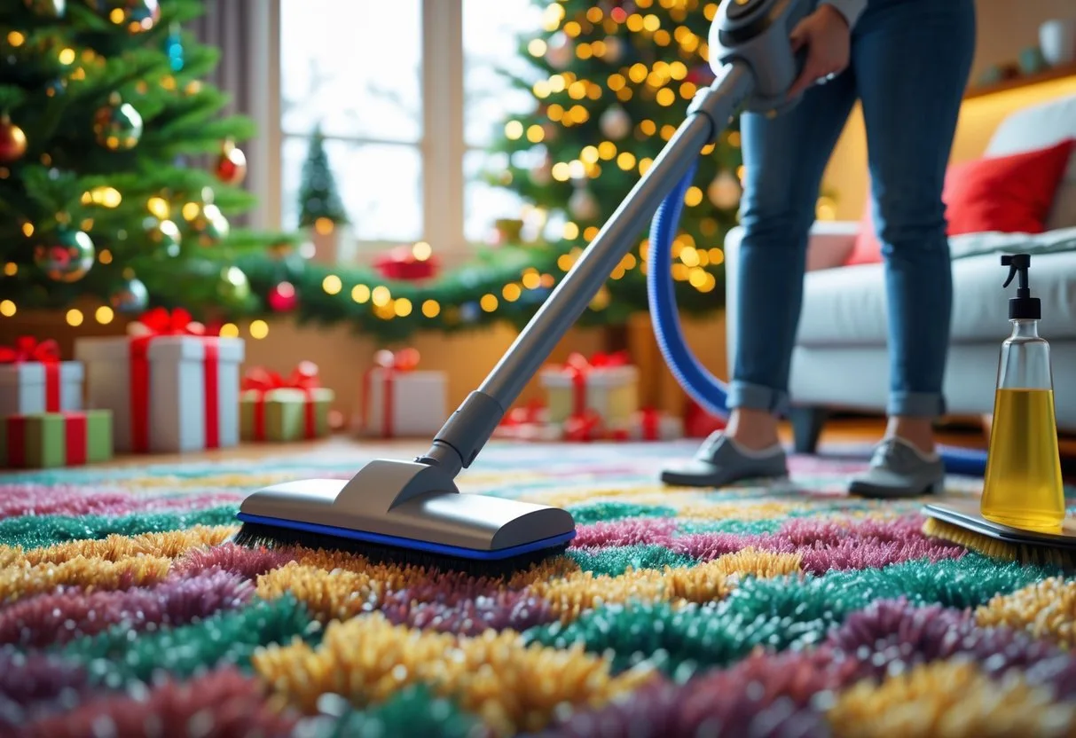 Une personne nettoie soigneusement un tapis dans un salon décoré pour les fêtes avec un sapin de Noël et des cadeaux.