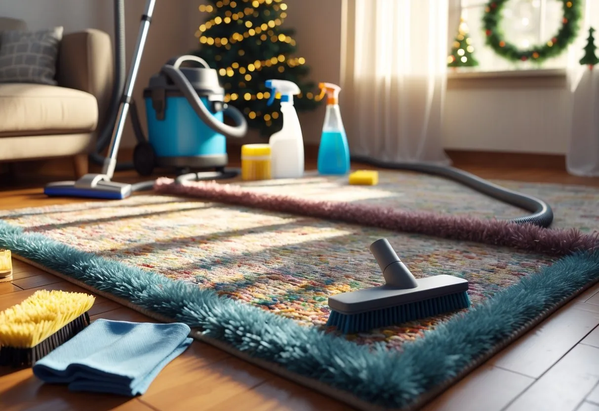 Un salon avec un tapis coloré sur le sol et des outils de nettoyage disposés autour, prêt pour le nettoyage avant les fêtes.