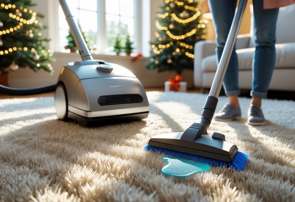 Une personne nettoie un tapis clair dans un salon décoré pour les fêtes avec un aspirateur et une brosse.