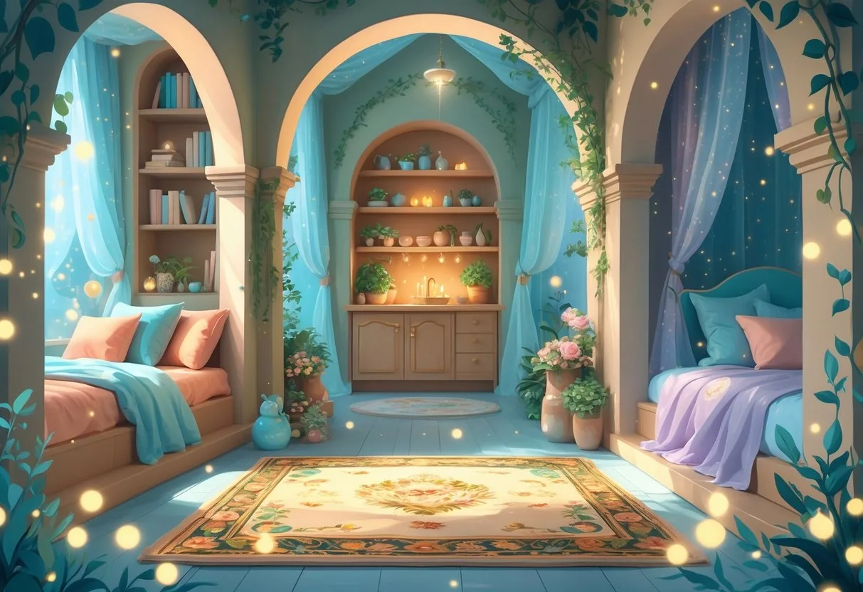 Intérieur enchanté avec plusieurs pièces montrant des tapis adaptés à chaque espace, entourés d'éléments naturels et d'une lumière douce.