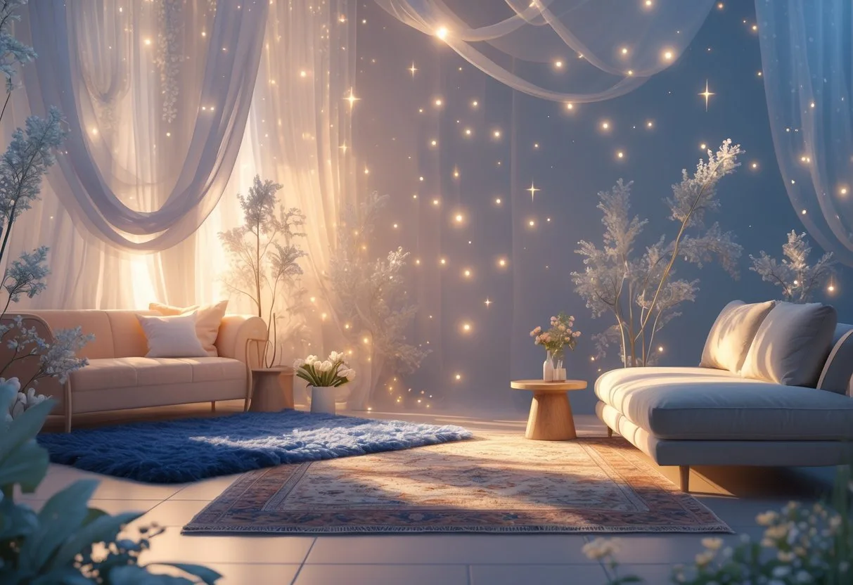 Un salon paisible avec plusieurs tapis différents disposés dans différentes zones, entouré de plantes et d'une lumière douce.