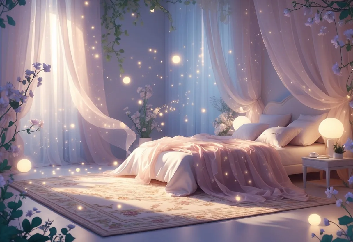 Une chambre paisible avec un tapis moelleux au sol, un lit avec des tissus légers et des éléments naturels décoratifs.