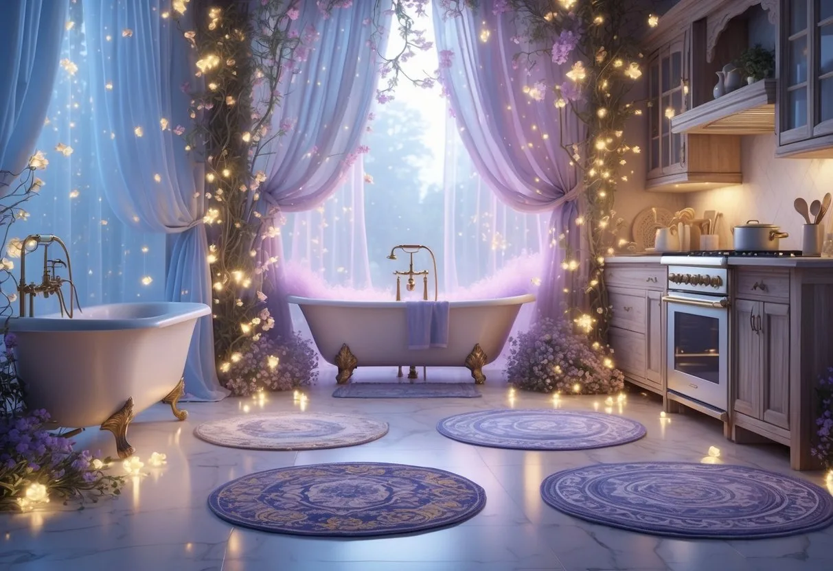 Intérieur magique combinant une salle de bain avec une baignoire ancienne et une cuisine rustique, décoré de tapis délicats et de lumières féeriques.