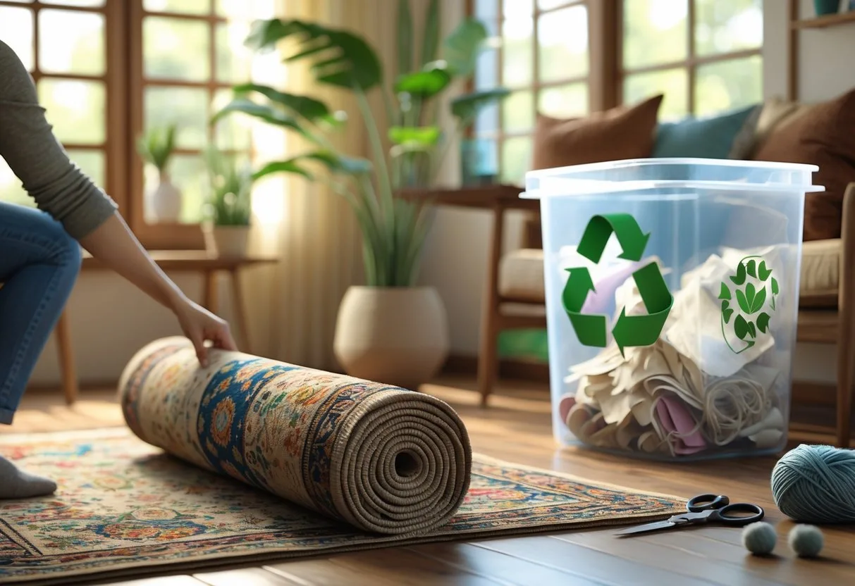 Une personne enroule un vieux tapis coloré dans un salon lumineux avec des plantes et un bac de recyclage à côté.