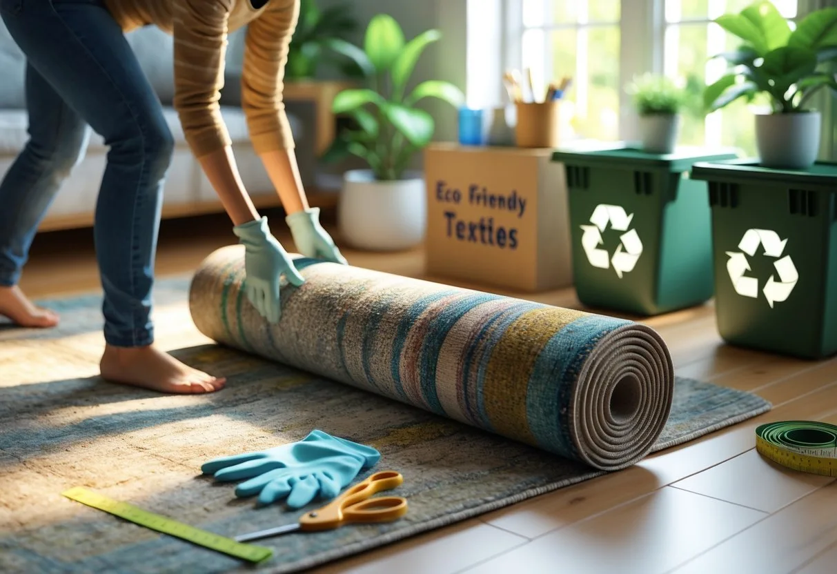 Une personne en train de rouler un vieux tapis dans une pièce lumineuse avec des bacs de recyclage pour textiles à côté.
