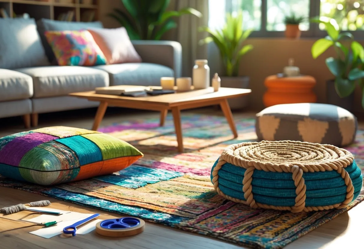 Une scène d'intérieur montrant plusieurs objets réalisés à partir d'un vieux tapis recyclé, comme un coussin, un panier tressé et une décoration murale, dans un salon lumineux et accueillant.