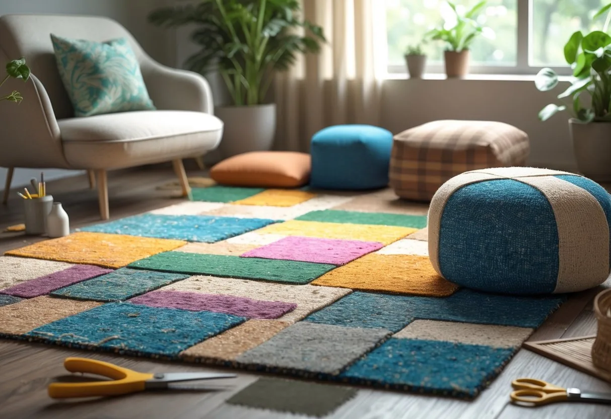 Une pièce de vie avec un vieux tapis recyclé en coussins, tapis patchwork et un petit pouf, entourée d'outils de bricolage et de plantes.