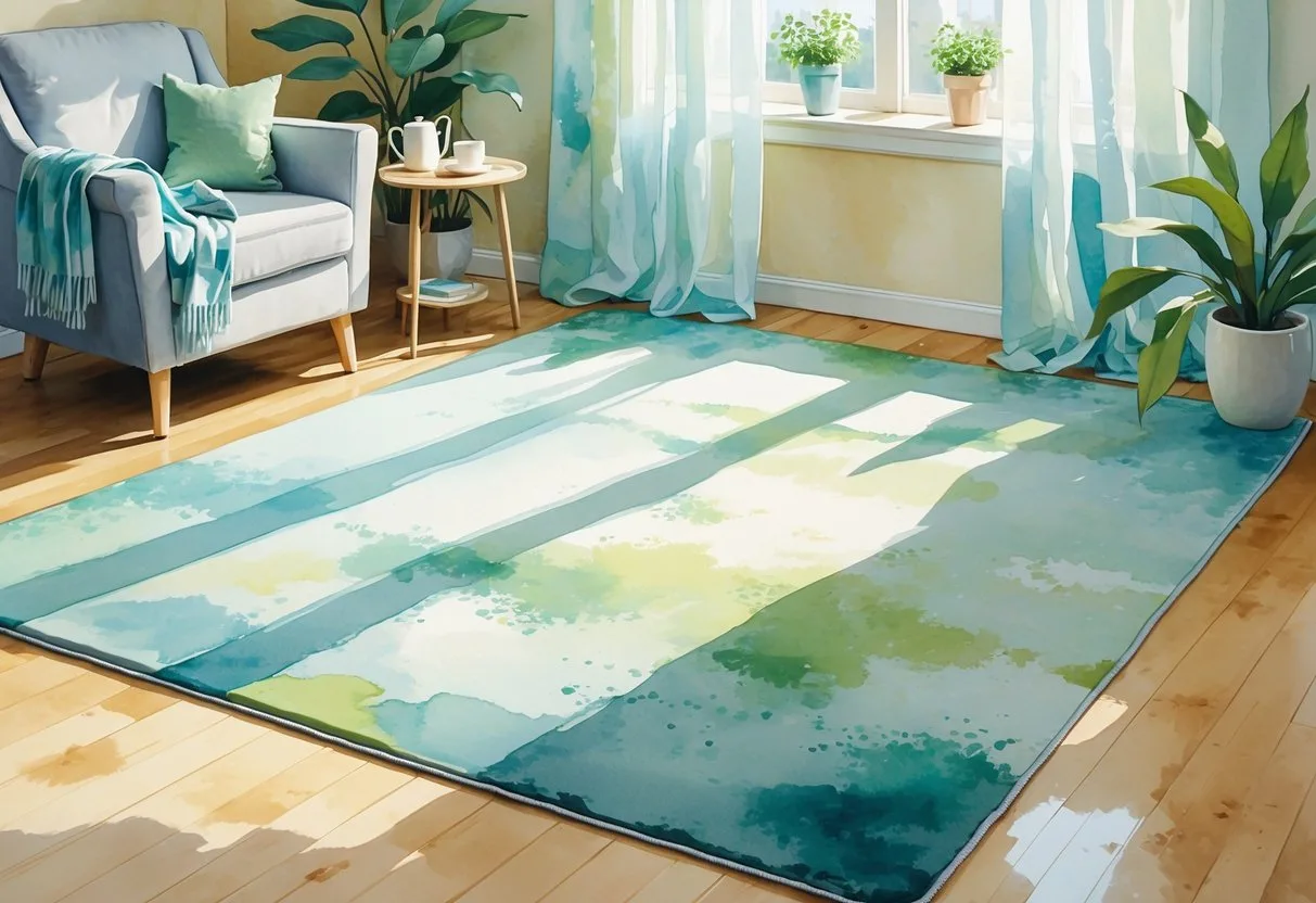 Un salon confortable avec un tapis anti-allergie au sol, une chaise moelleuse, une table basse avec une tasse de thé, et des plantes près d'une fenêtre laissant entrer la lumière naturelle.