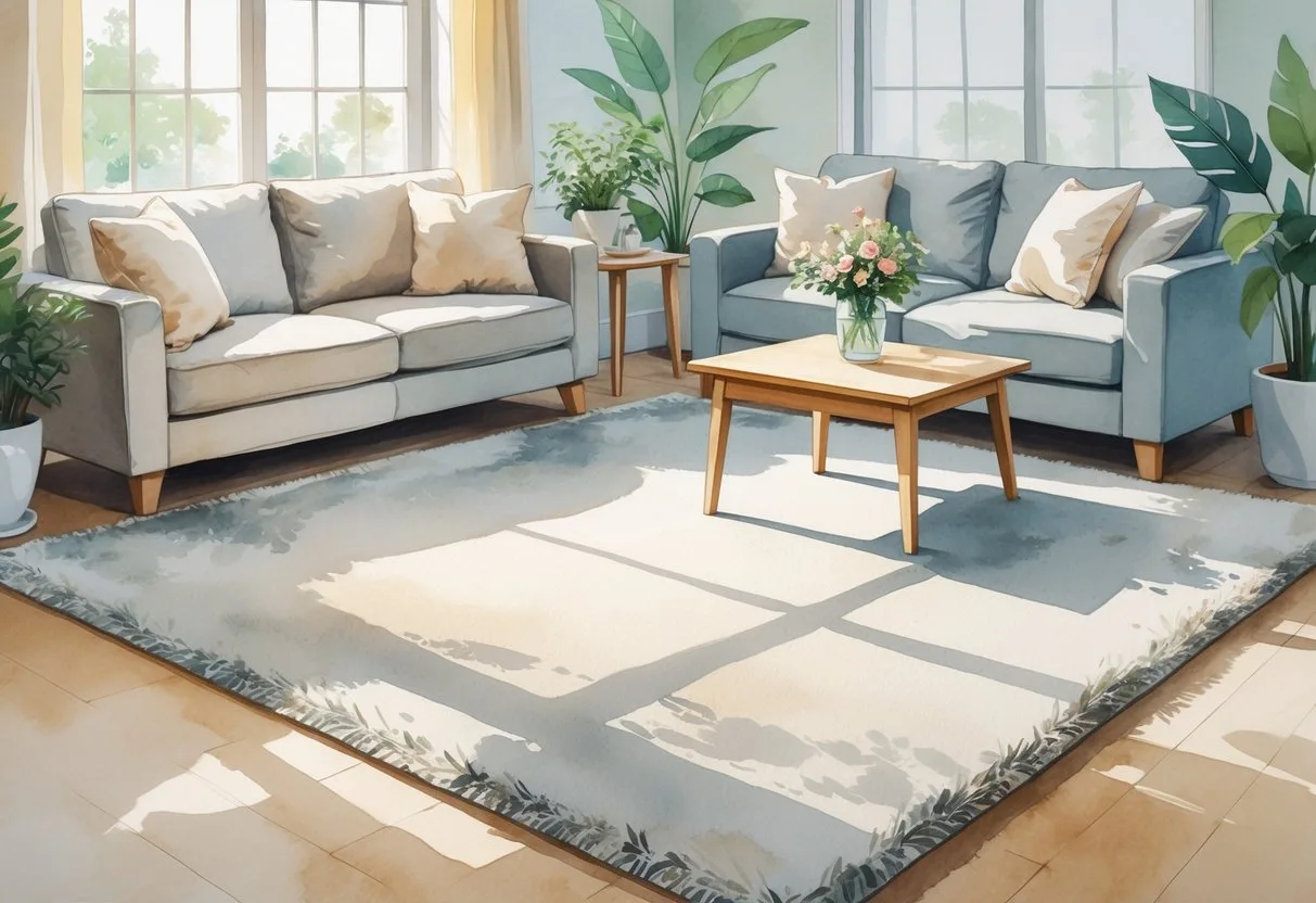 Salon confortable avec un tapis doux au centre, entouré d'un canapé, d'une table basse avec des fleurs et des plantes vertes, baigné de lumière naturelle.