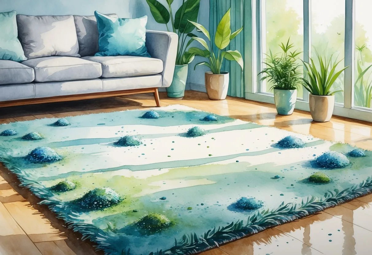 Un salon moderne avec un tapis doux sur un sol en bois, entouré de plantes vertes et d'une lumière naturelle apaisante.