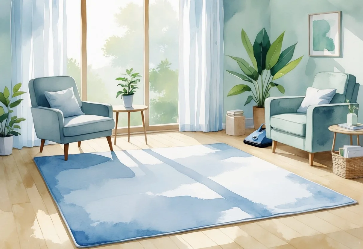 Un salon lumineux avec un tapis propre au sol, une chaise confortable, une table basse avec une plante, et des éléments de nettoyage à proximité.