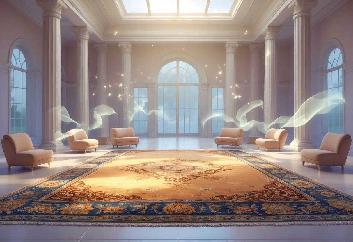 Une grande pièce lumineuse avec un tapis décoré au centre, entourée de meubles simples et élégants, baignée d'une lumière douce.