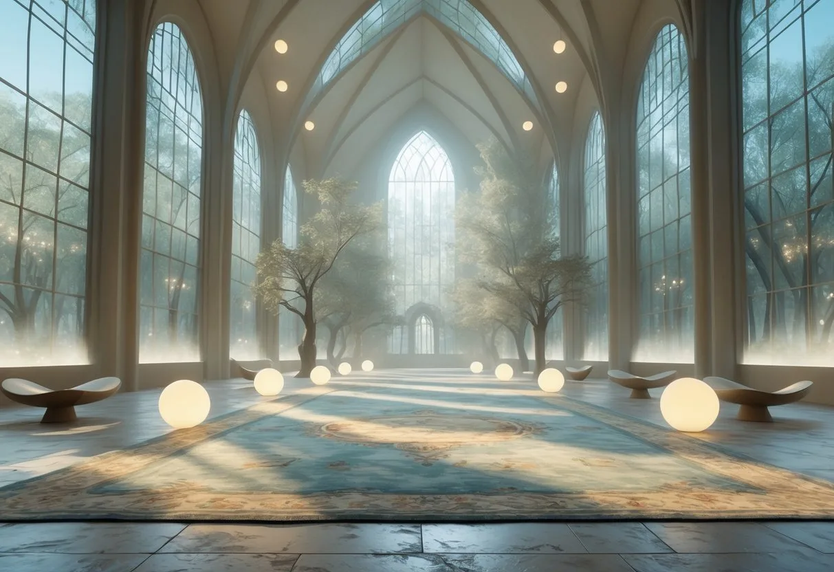 Une grande pièce lumineuse avec un tapis étendu au sol, des meubles élégants espacés et des arbres visibles à travers des murs transparents.