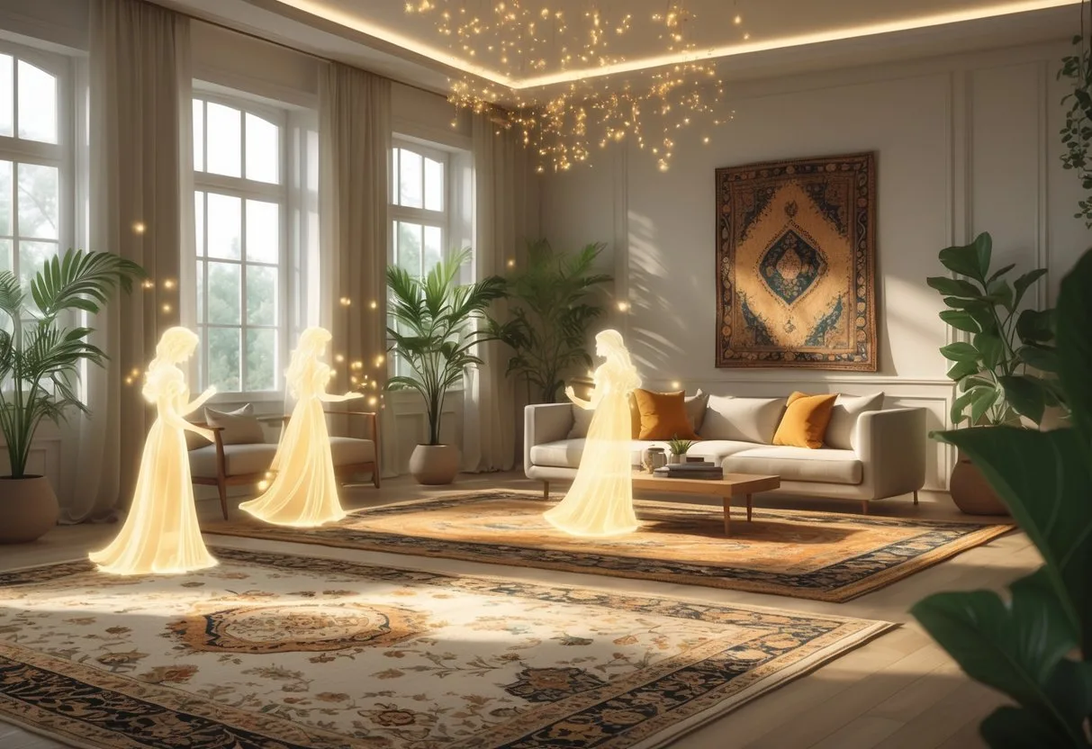 Une grande pièce lumineuse avec plusieurs tapis élégants et des plantes, où une personne réfléchit à choisir un tapis.