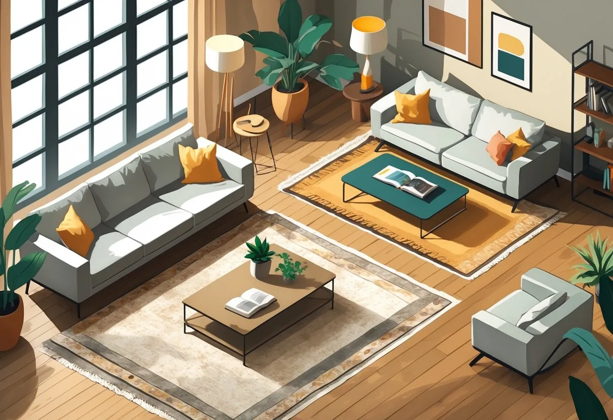 Vue d'un salon avec deux zones délimitées par des tapis, comprenant un canapé avec une table basse et un coin lecture avec un fauteuil.