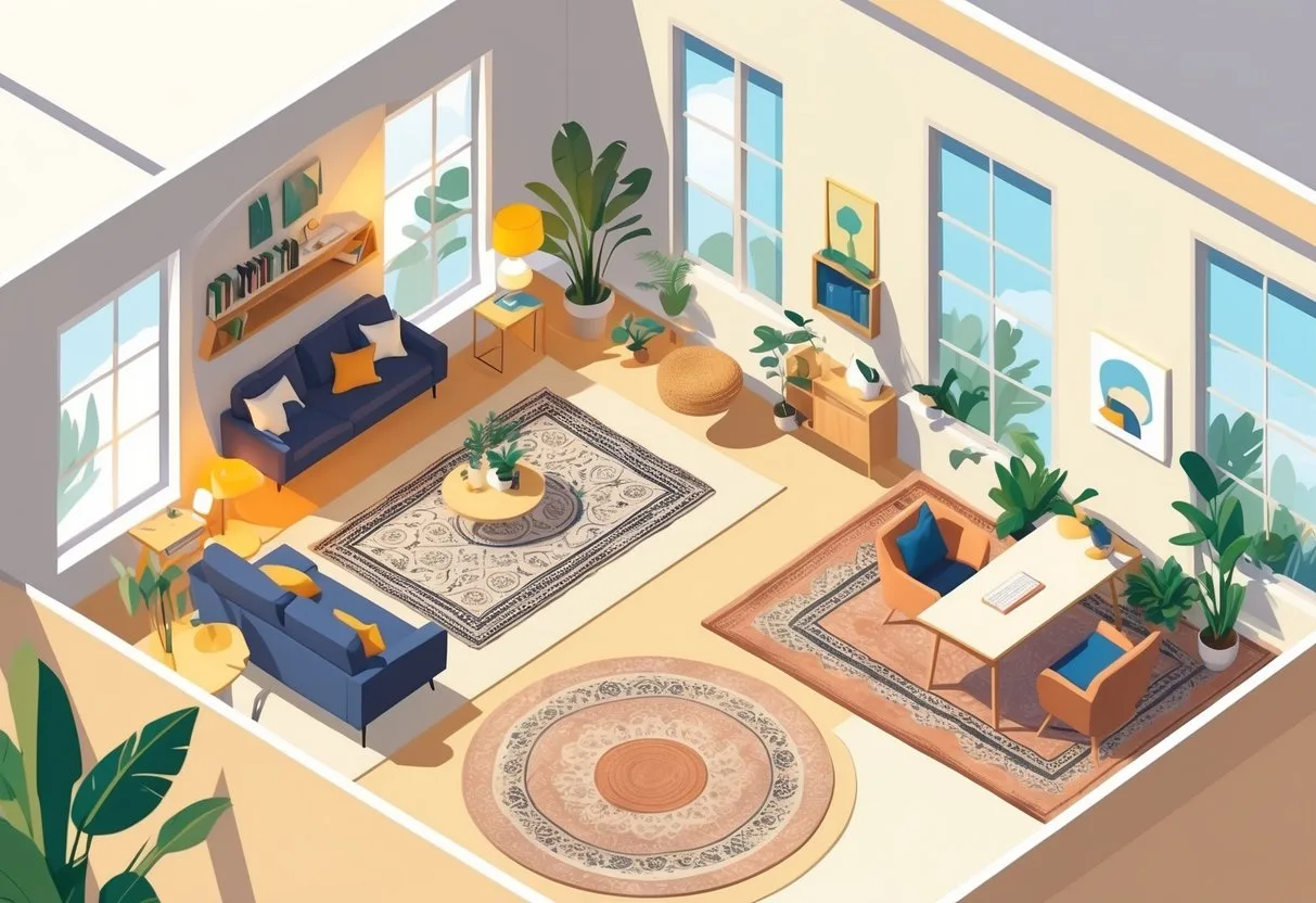 Vue isométrique d'un salon moderne organisé en plusieurs zones avec différents tapis pour délimiter chaque espace, comprenant un coin salon, un espace lecture, une salle à manger et un coin bureau.