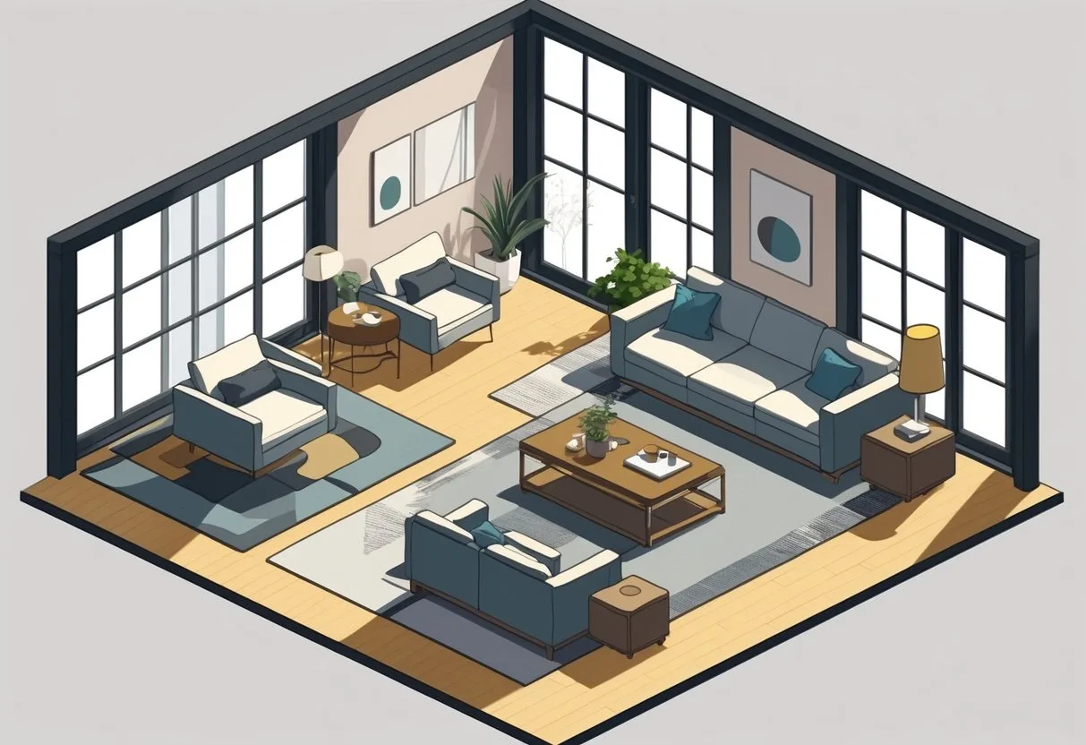 Vue d'un salon avec plusieurs tapis disposés pour délimiter des zones distinctes comme l'espace détente, le coin lecture et la salle à manger.