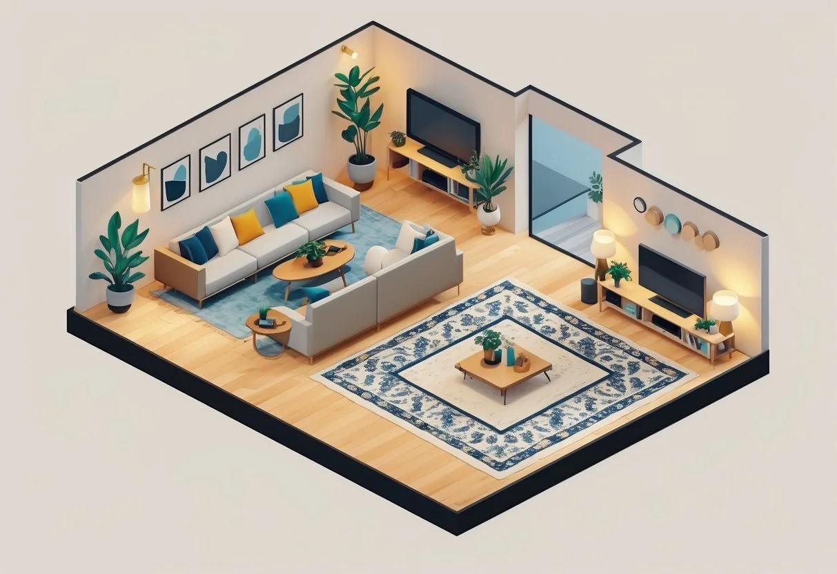 Vue isométrique d'un salon moderne avec un tapis délimitant une zone de détente, comprenant un canapé, une table basse et des plantes décoratives.