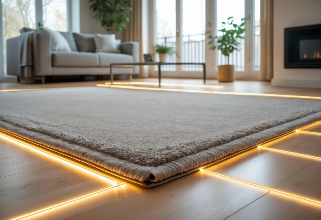 Salon moderne avec un tapis posé sur un sol en bois chauffé par le sol, ambiance lumineuse et confortable.