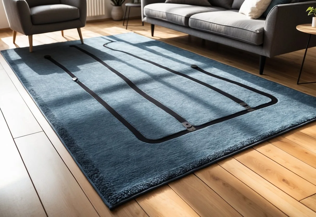 Salon moderne avec un tapis posé sur un sol en bois, illustrant un tapis compatible avec le chauffage au sol.