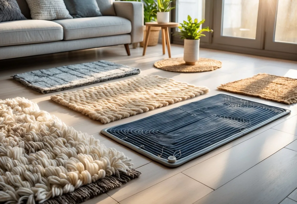 Salon moderne avec plusieurs tapis adaptés au chauffage au sol sur un sol en bois clair, une fenêtre laissant entrer la lumière naturelle et un thermostat mural.