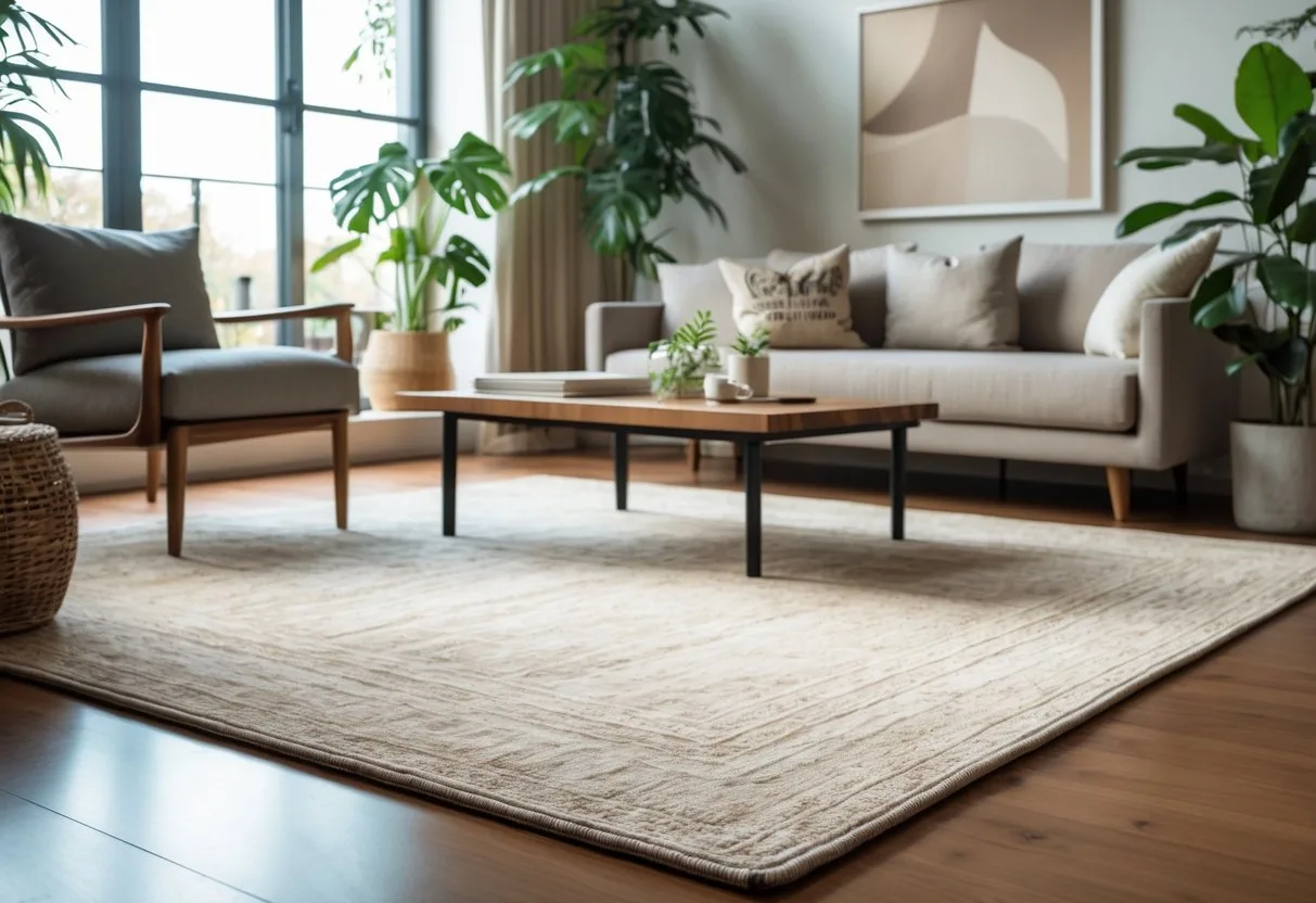 Salon moderne avec un tapis élégant au centre, canapé, table basse et plantes décoratives.