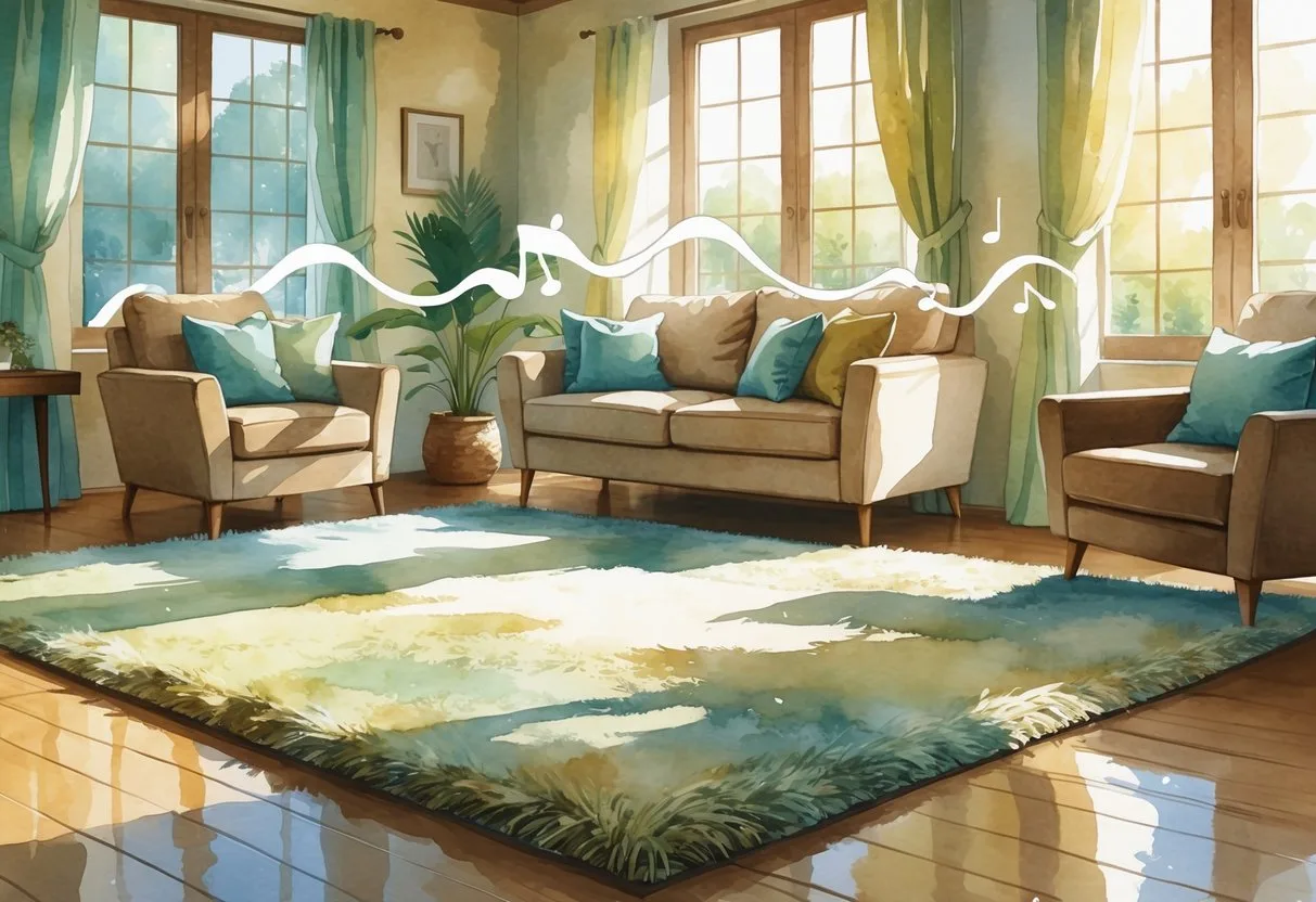 Une pièce de vie avec un tapis au sol, un canapé et des fenêtres laissant passer la lumière, illustrant un intérieur calme et confortable.