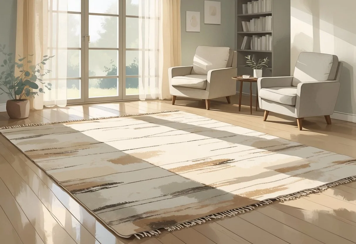 Une pièce de vie calme avec un tapis posé sur un sol en bois, entouré de meubles simples et une plante, baignée de lumière naturelle.