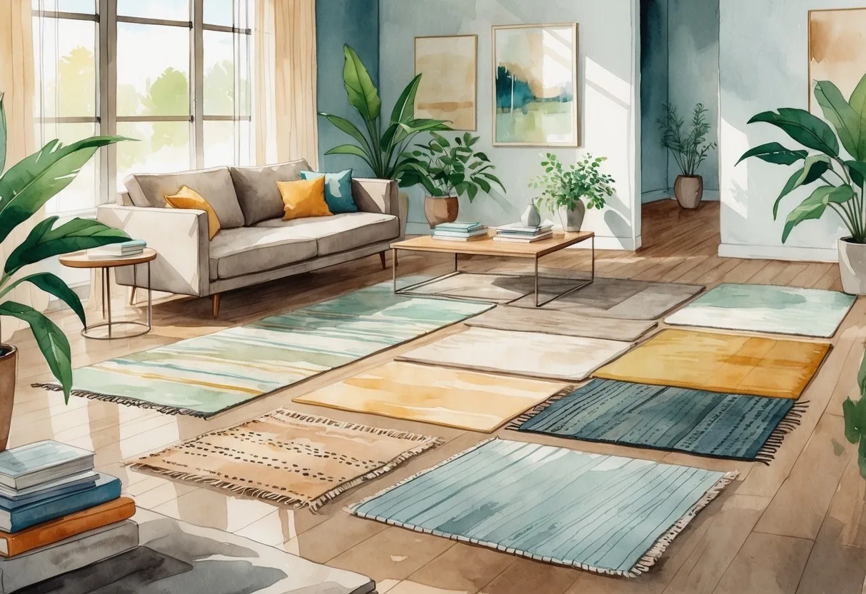 Une pièce de vie avec plusieurs tapis disposés sur le sol, un canapé, une table basse et des plantes, baignée de lumière naturelle.