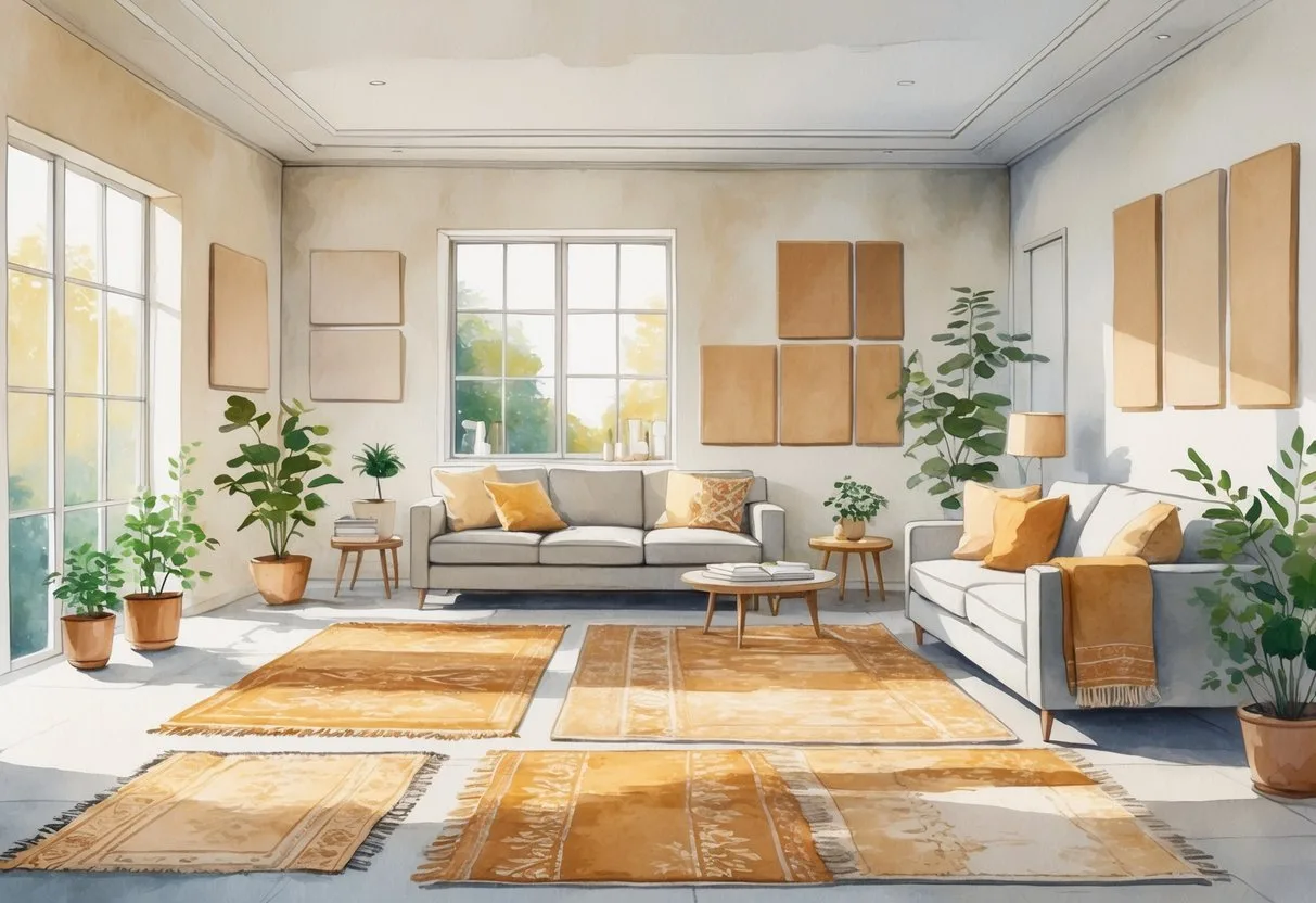 Une pièce de vie calme avec des tapis décoratifs au sol et des panneaux acoustiques intégrés aux murs, créant une ambiance chaleureuse et paisible.