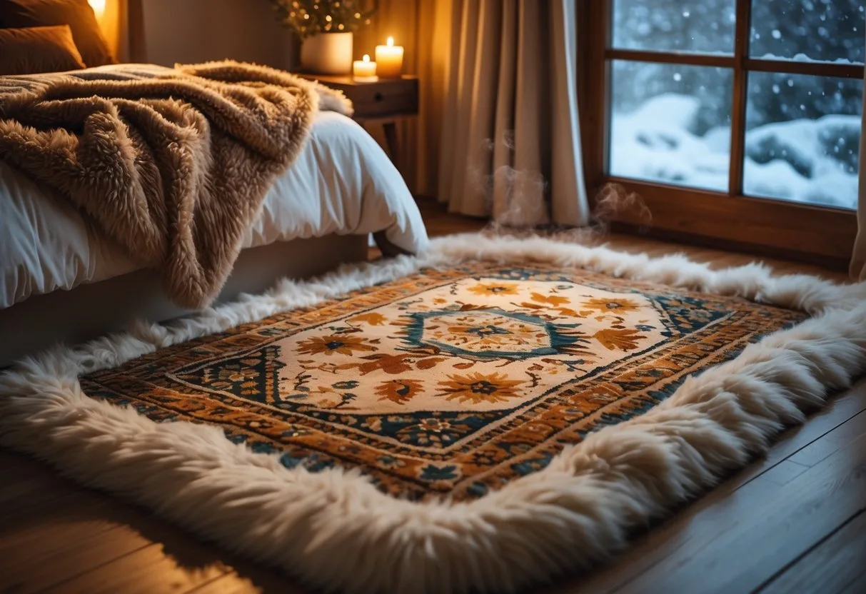 Une chambre d'hiver avec un tapis moelleux, un lit confortable et une ambiance chaleureuse près d'une fenêtre où la neige tombe.