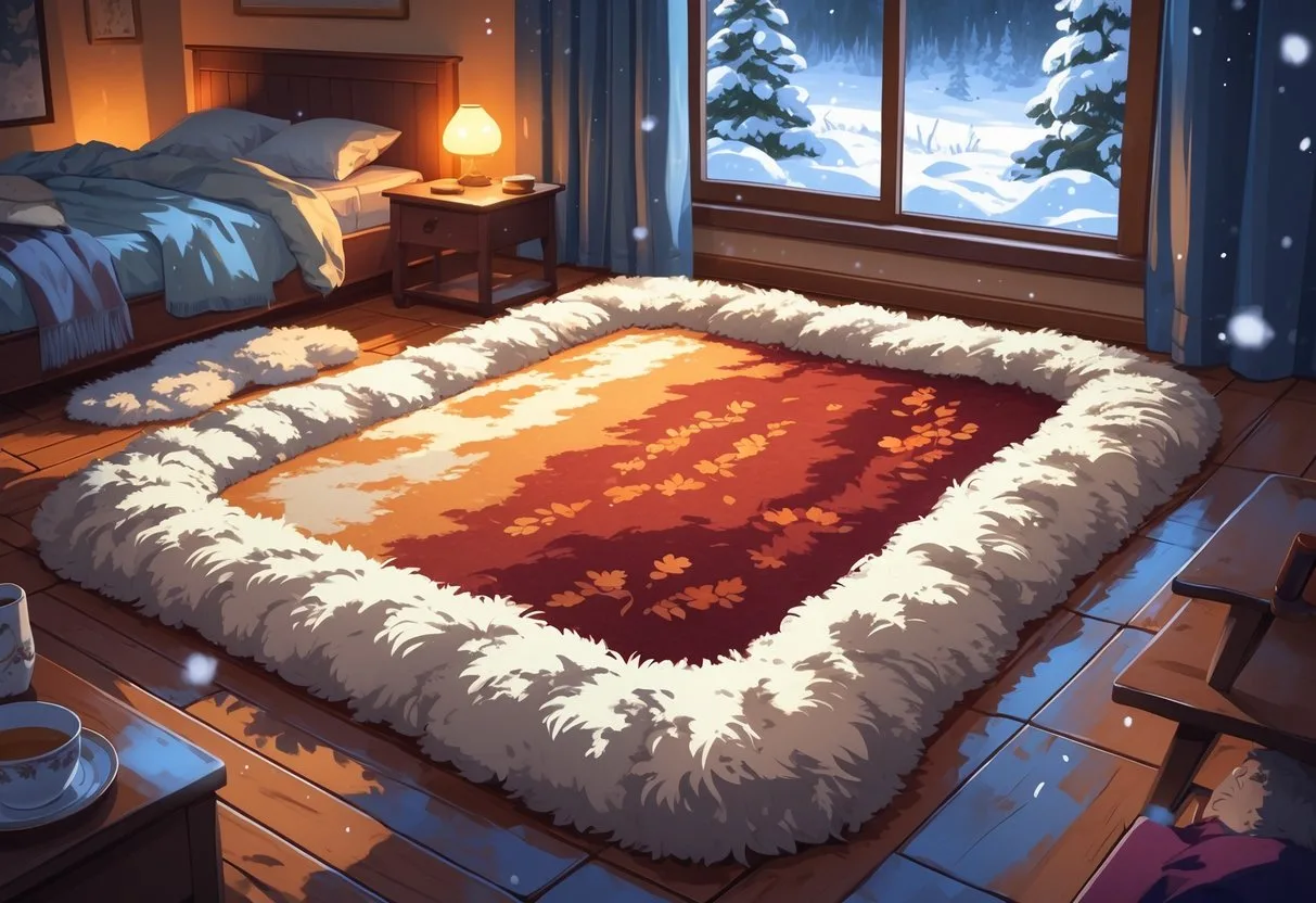 Une chambre d'hiver confortable avec un grand tapis moelleux, un lit bas avec des couvertures épaisses, une tasse de thé sur une table de chevet et une fenêtre montrant la neige qui tombe.