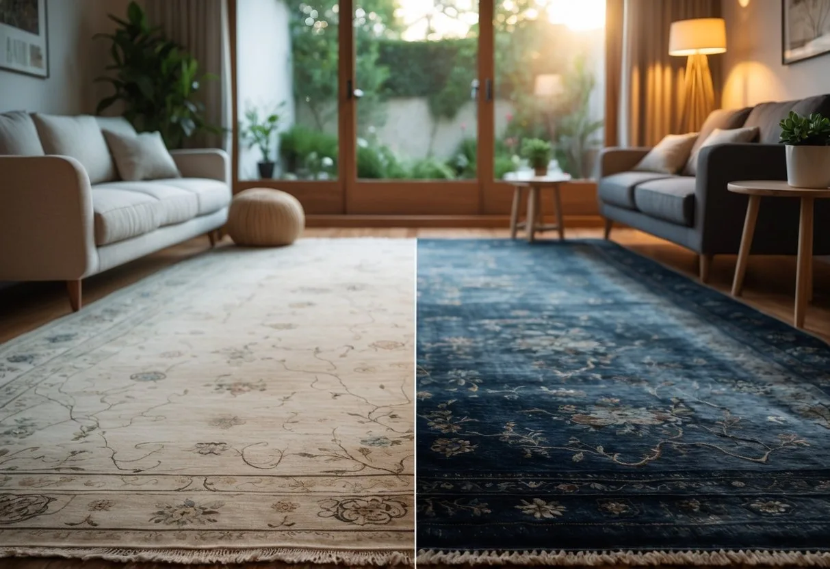 Un salon confortable avec deux tapis, un clair et un foncé, montrant des signes d'usure légère, éclairé par la lumière naturelle avec des meubles accueillants.