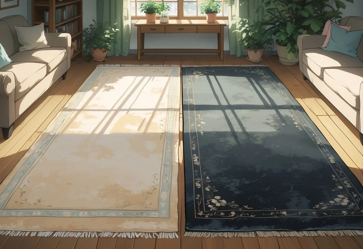 Une pièce de vie avec deux tapis, un clair et un foncé, montrant des signes d'usure différents sous une lumière naturelle.