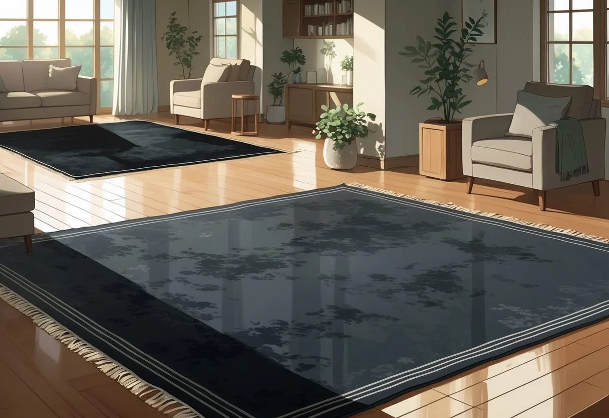 Une pièce de vie avec un tapis foncé montrant son état neuf, légèrement usé, puis vieilli au fil des années.