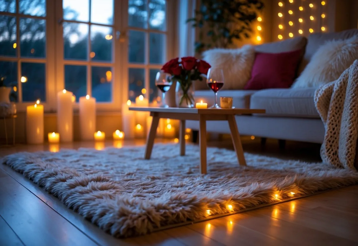 Un salon chaleureux avec un tapis moelleux, un canapé confortable, des bougies allumées et des roses rouges pour une ambiance romantique de Saint-Valentin.