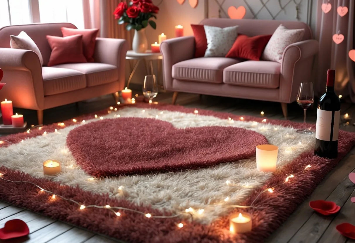 Une pièce de vie chaleureuse avec un tapis moelleux au centre, des sièges confortables, des bougies allumées, des pétales de rose et des décorations de Saint-Valentin.